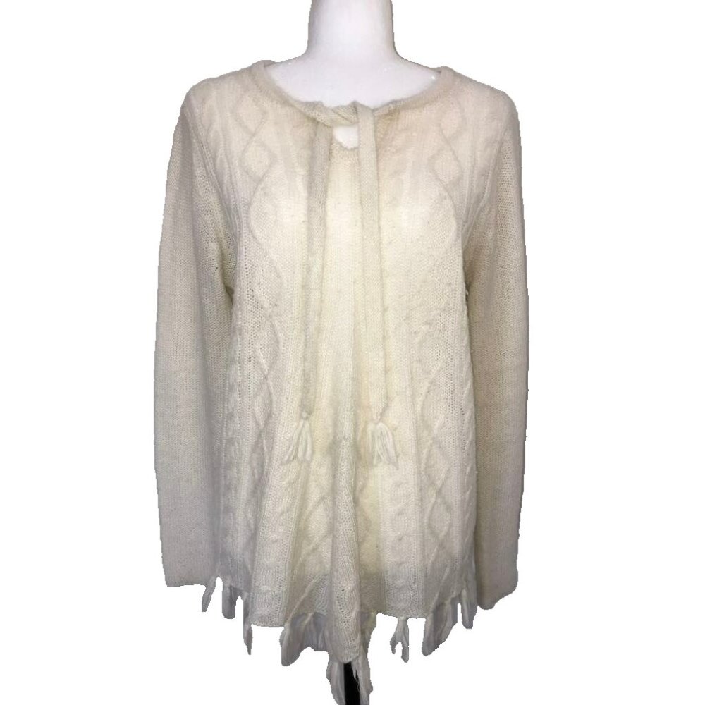 PRANA Shelby Poncho Sweater Womens Size Large Cream Ivory Cable Knit Tassle